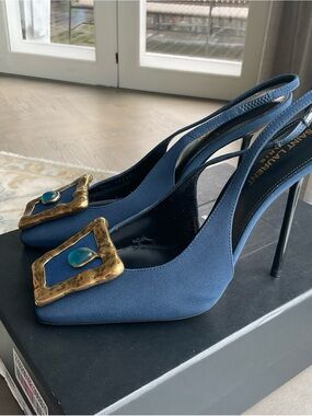 Saint Laurent Blue Slingback Heels with Gold and Teal Accent